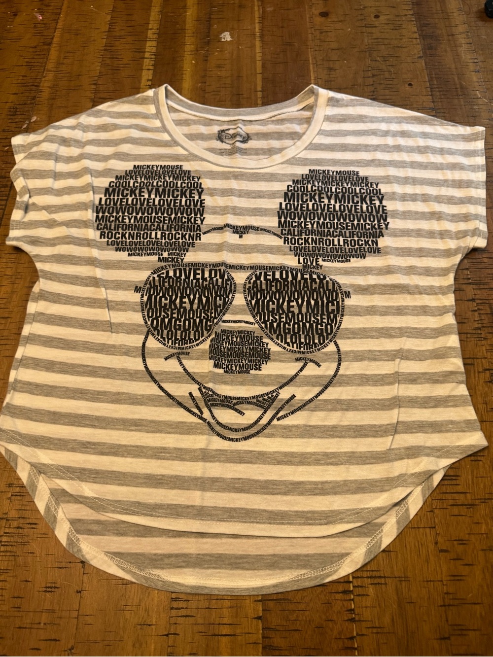 Disney Gray & White Striped Mickey Mouse Text Graphic Tee